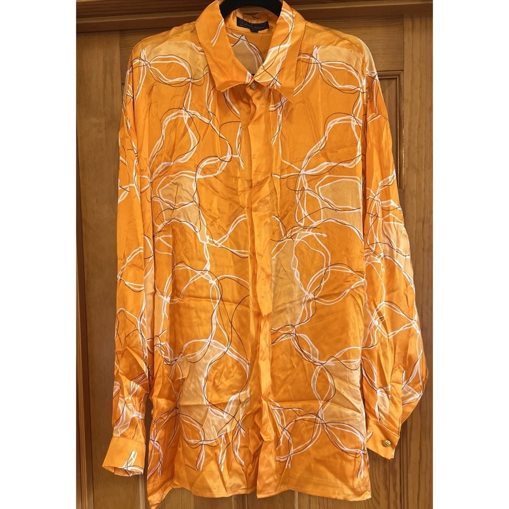 Vintage Mens Ceta Italiana Silk Shirt, Orange Print 2XL Long Sleeves